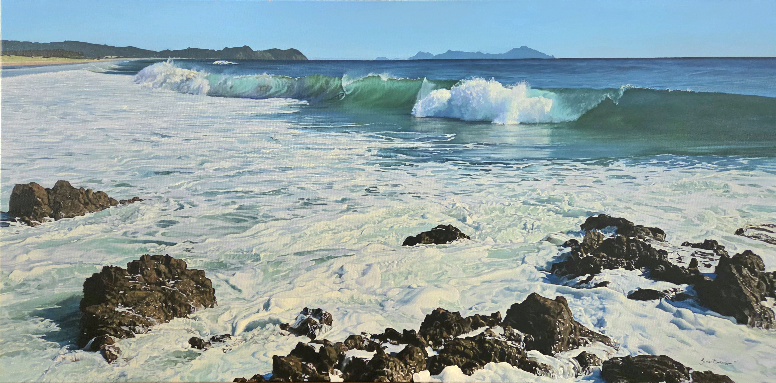Quiet Reflection, Orewa Beach, Auckland, Oil on Canvas 910 x  450 mm $4100