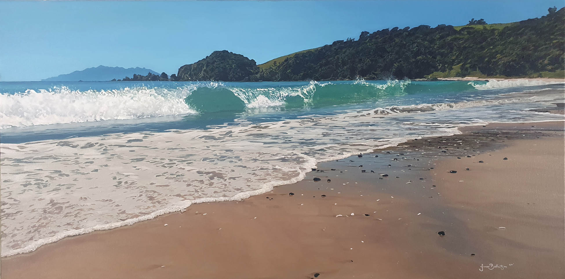 Paradise - Tawharanui Regional Park, Auckland, Oil on Canvas board 457 x 914 mm, $3200 Framed Print $1200